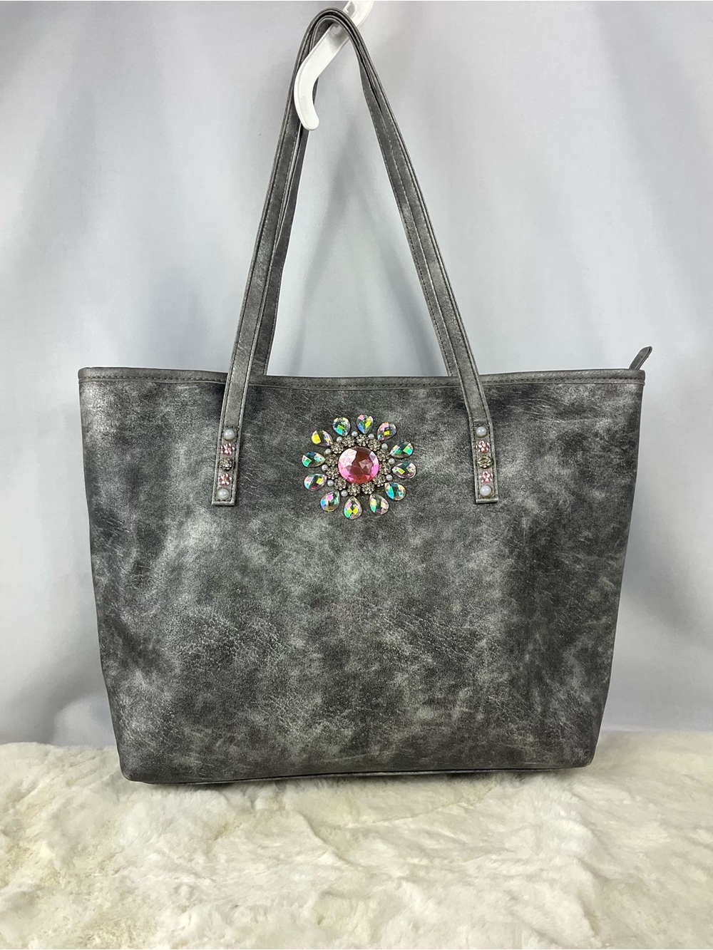 Montana West Select Gray Rhinestone Flower Embellished Tote Bag